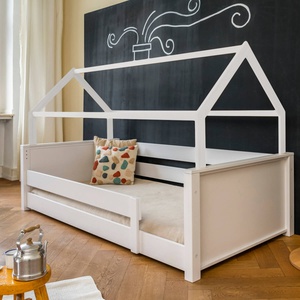 Lit au sol cabane Montessori barrière simple KASVA hêtre laqué blanc