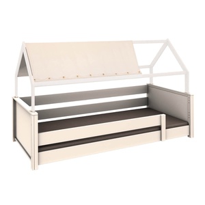 Lit au sol cabane Montessori barrière simple KASVA hêtre laqué textile de toit