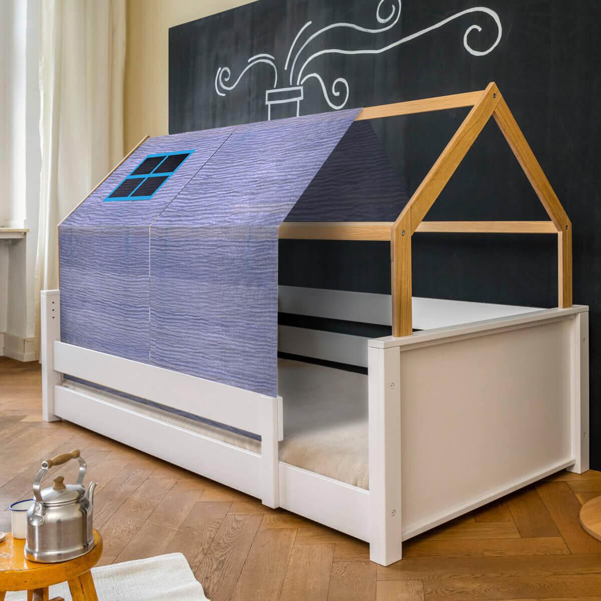 Lit au sol cabane Montessori barrière simple KASVA textiles Bobble green-blue
