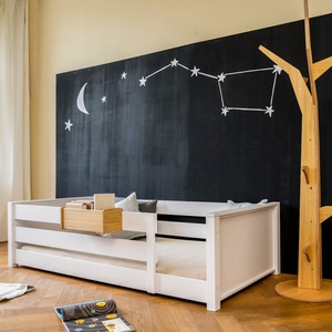 Lit au sol Montessori barrière double 90x200cm KASVA hêtre laqué blanc