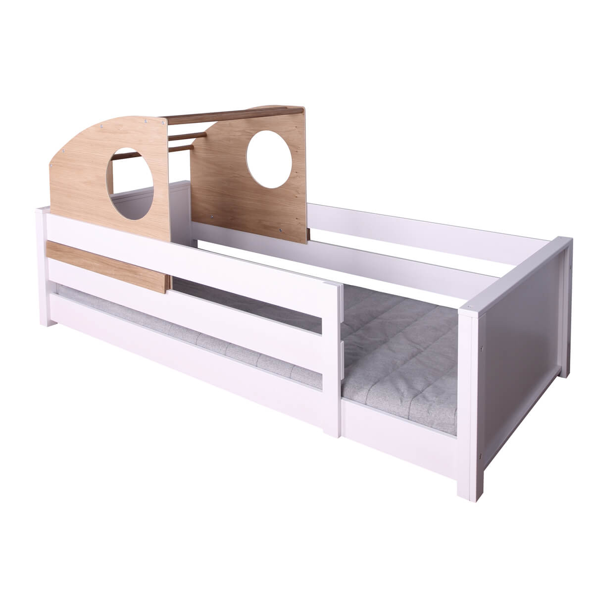 Lit au sol Montessori cabine coulissante barrière double KASVA hêtre laqué blanc