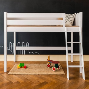 Lit mezzanine 90x200x165cm échelle inclinée KASVA hêtre laqué blanc