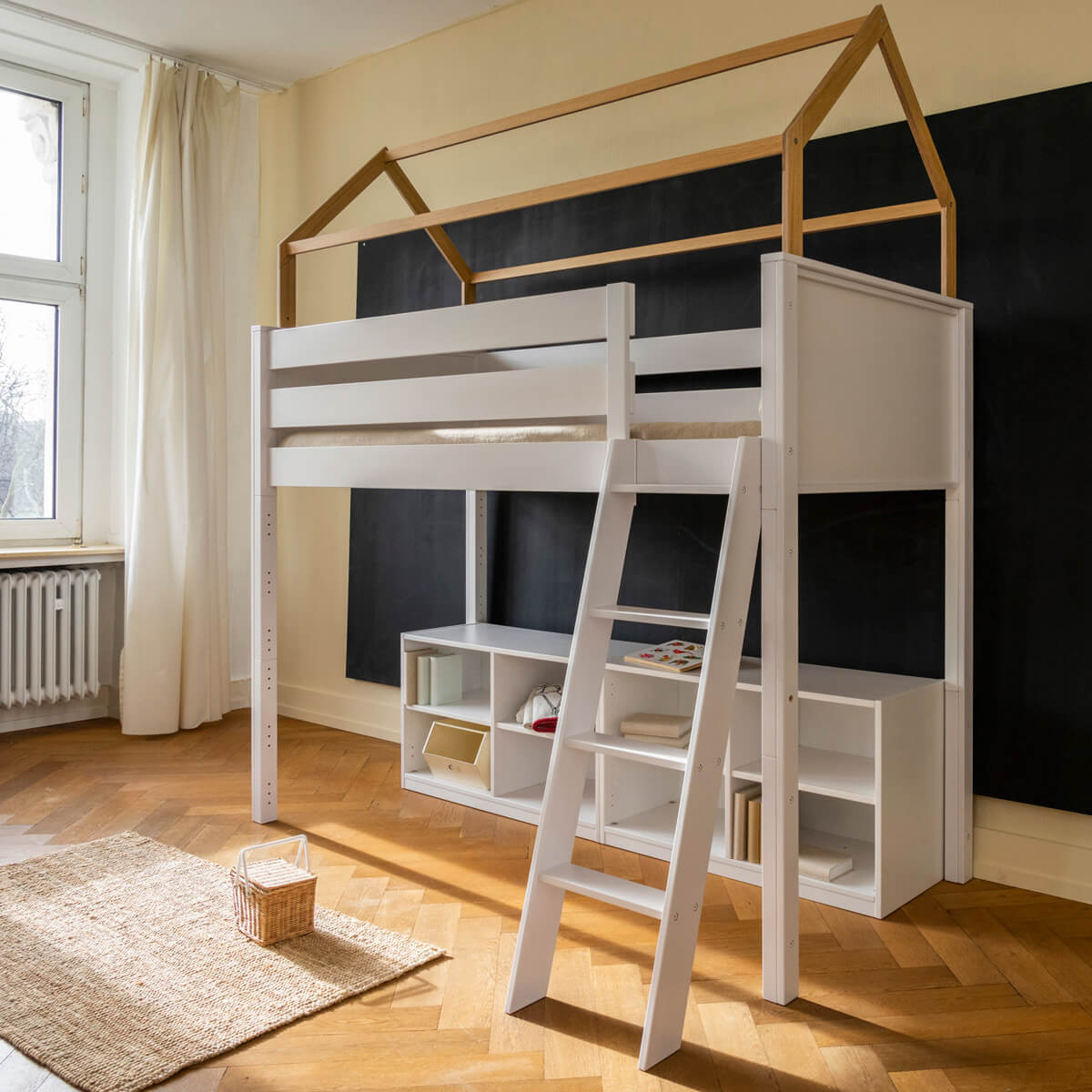 Lit mezzanine cabane KASVA hêtre laqué blanc-chêne huilé