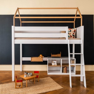 Lit mezzanine cabane KASVA hêtre laqué blanc-chêne huilé