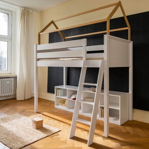Lit mezzanine cabane KASVA hêtre laqué blanc-chêne huilé