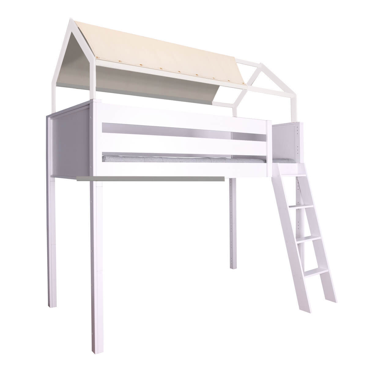 Lit mezzanine cabane KASVA hêtre laqué blanc textile de toit