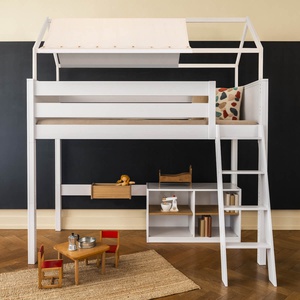 Lit mezzanine cabane KASVA hêtre laqué blanc textile de toit