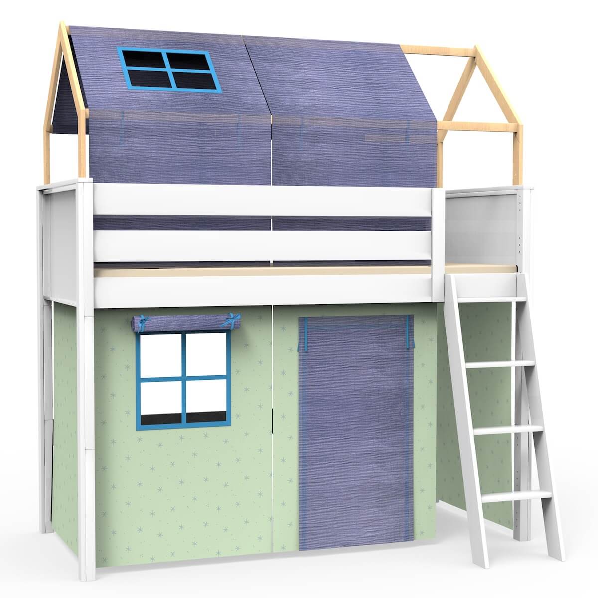 Lit mezzanine cabane KASVA textiles Bobble green-blue