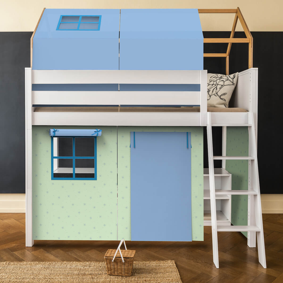 Lit mezzanine cabane KASVA textiles Viena green-blue