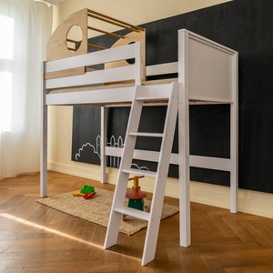 Lit mezzanine cabine coulissante KASVA hêtre laqué blanc-chêne huilé