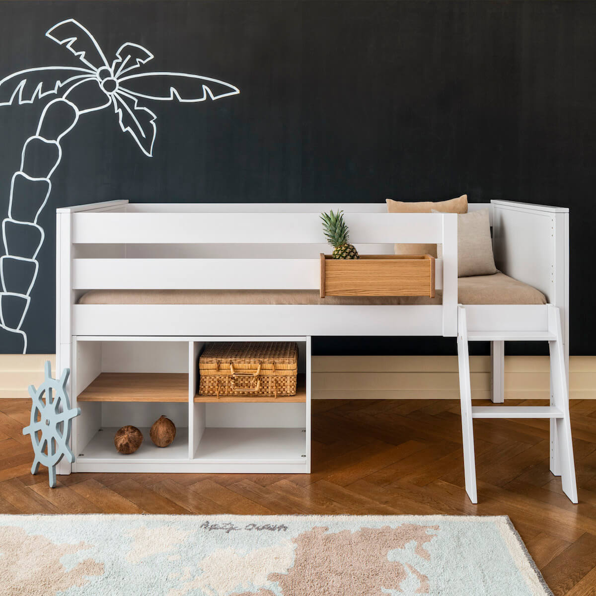Lit mi-hauteur 90x200cm échelle inclinée KASVA hêtre laqué blanc