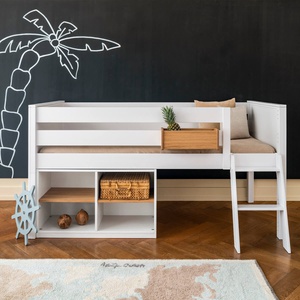 Lit mi-hauteur 90x200cm échelle inclinée KASVA hêtre laqué blanc