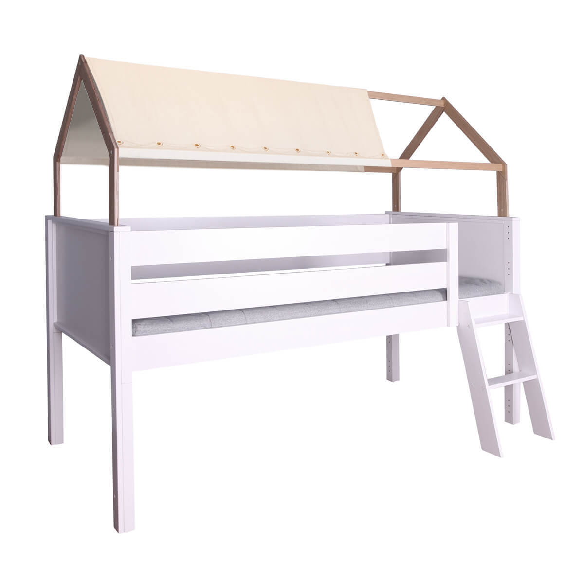 Lit mi-hauteur cabane KASVA hêtre laqué blanc-chêne huilé textile de toit