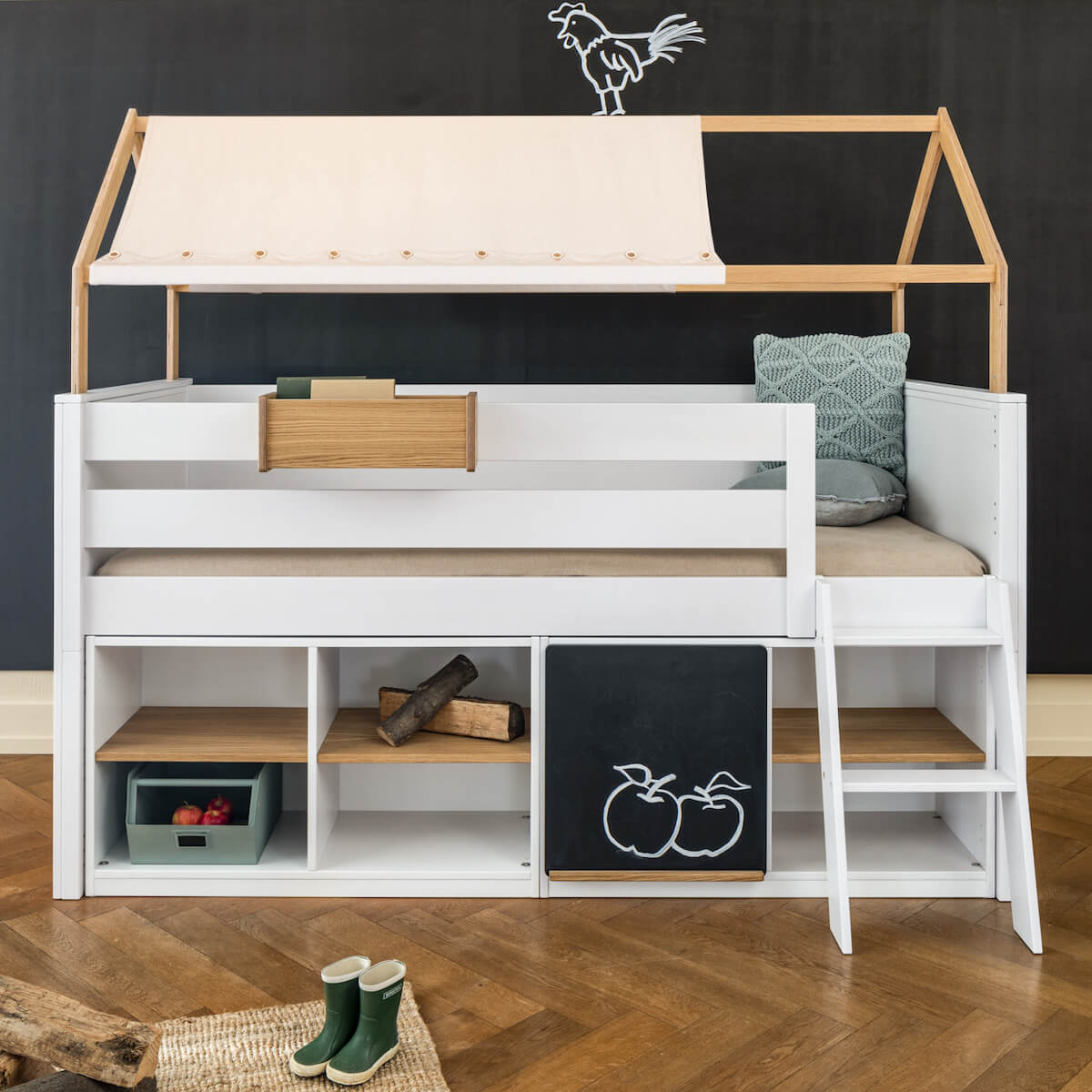 Lit mi-hauteur cabane KASVA hêtre laqué blanc-chêne huilé textile de toit