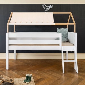 Lit mi-hauteur cabane KASVA hêtre laqué blanc-chêne huilé textile de toit