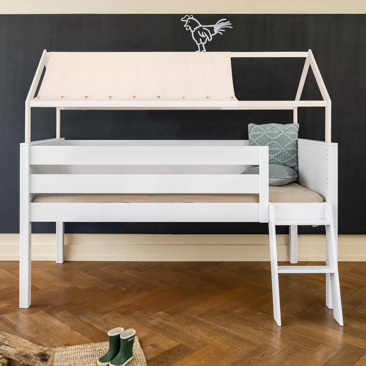Lit mi-hauteur cabane KASVA hêtre laqué blanc textile de toit