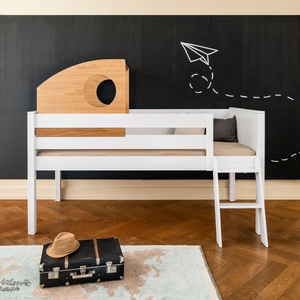 Lit mi-hauteur cabine coulissante KASVA hêtre laqué blanc-chêne huilé