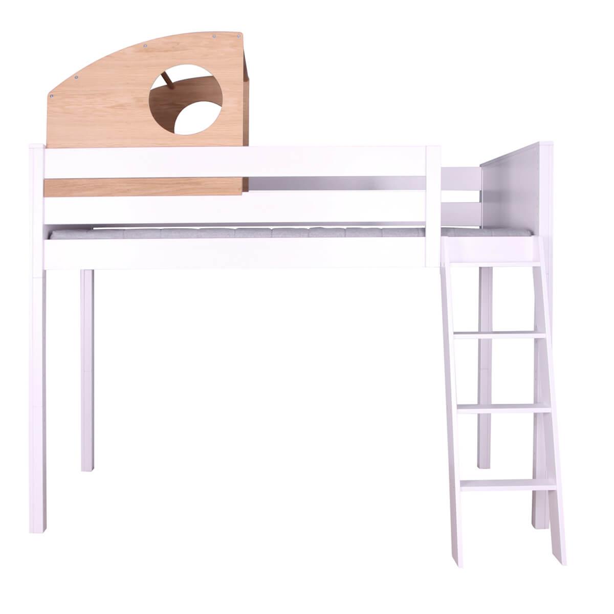 Lit surélevé-cabine coulissante haut KASVA Debreuyn hêtre massif laqué blanc-placage chêne huilé