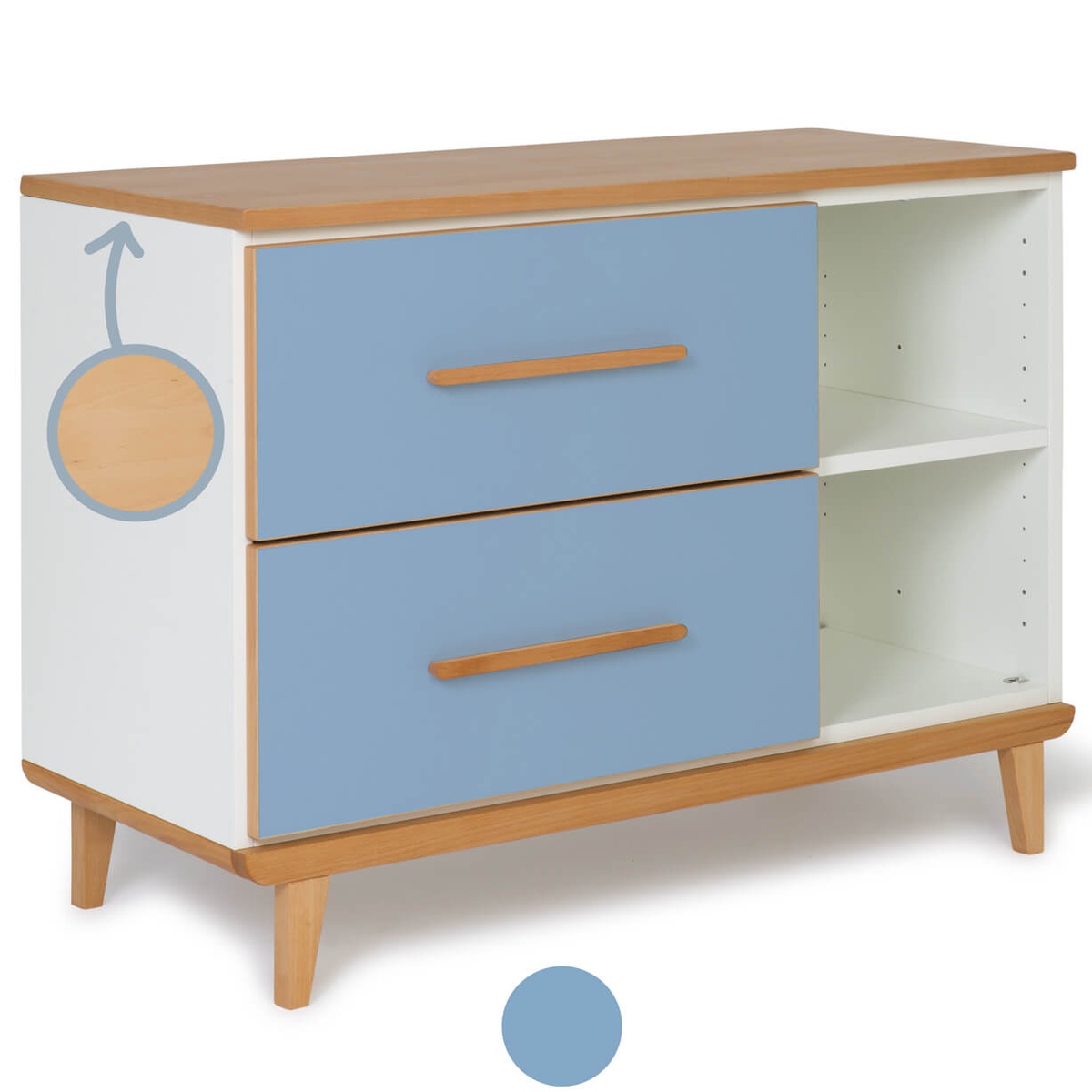 Petit meuble 2 tiroirs 2 niches NADO Retro finition hêtre capri blue
