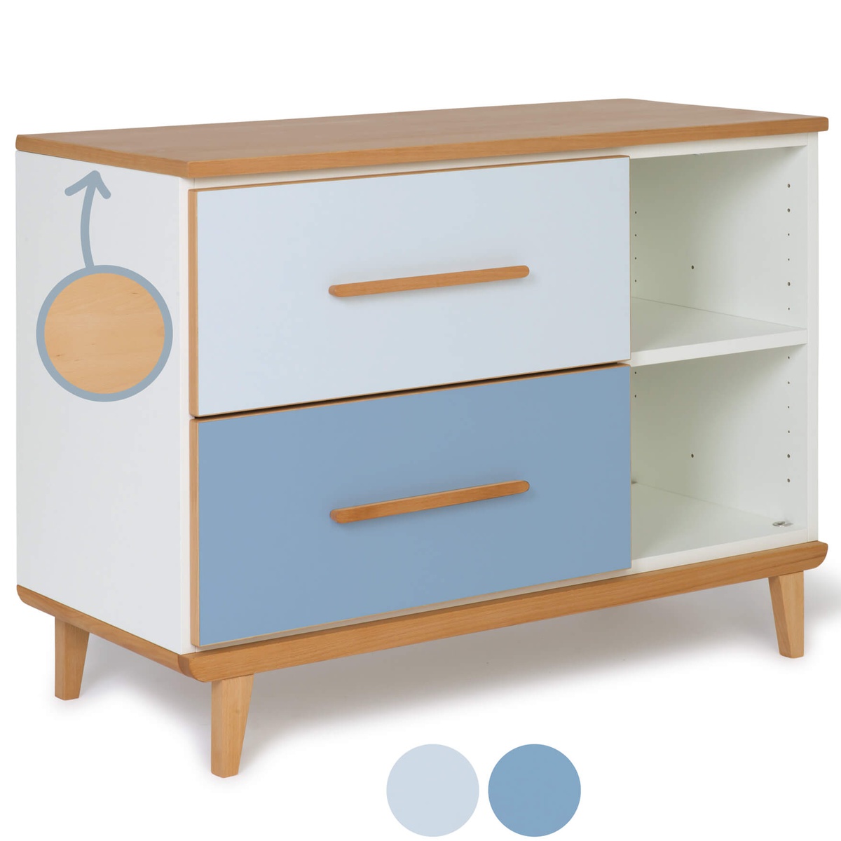 Petit meuble 2 tiroirs 2 niches NADO Retro finition hêtre sky blue-capri blue