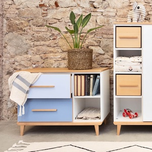 Petit meuble 2 tiroirs 2 niches NADO Retro finition hêtre sky blue-capri blue