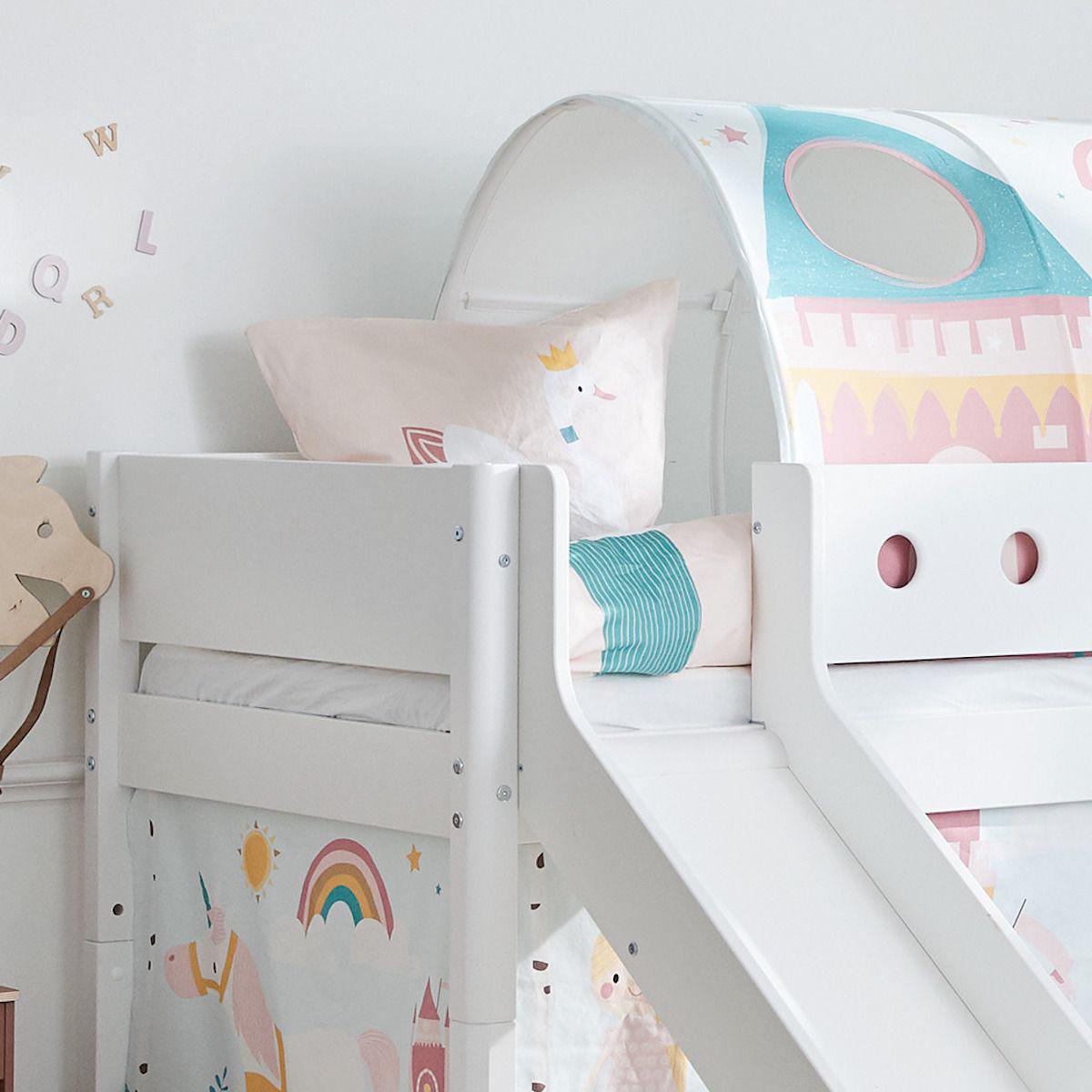 WHITE by Flexa Lit mi-hauteur en MDF 90x200 cm avec échelle inclinée, barrière de sécurité blanche et toboggan Blanc